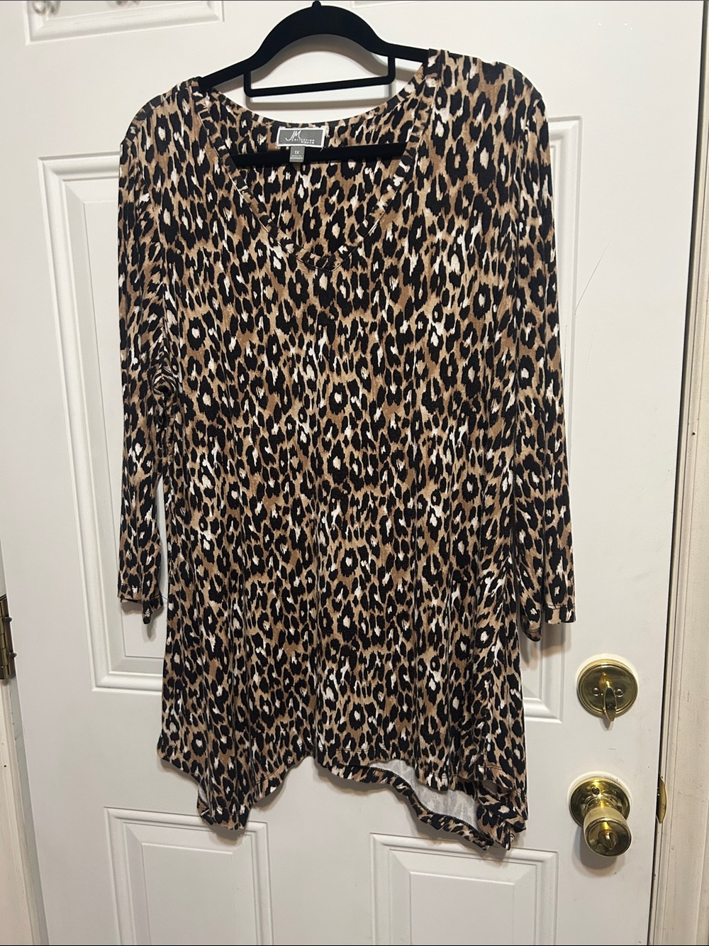 JM Collection Leopard Print Knit V neck Top - Brown & Black